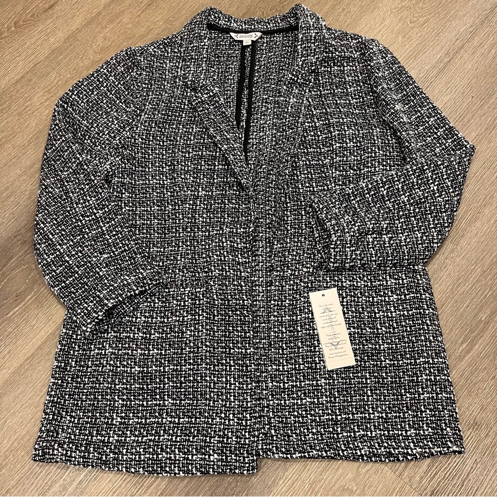 Nanette Lepore Black White Tweed Open Front Long Jacket